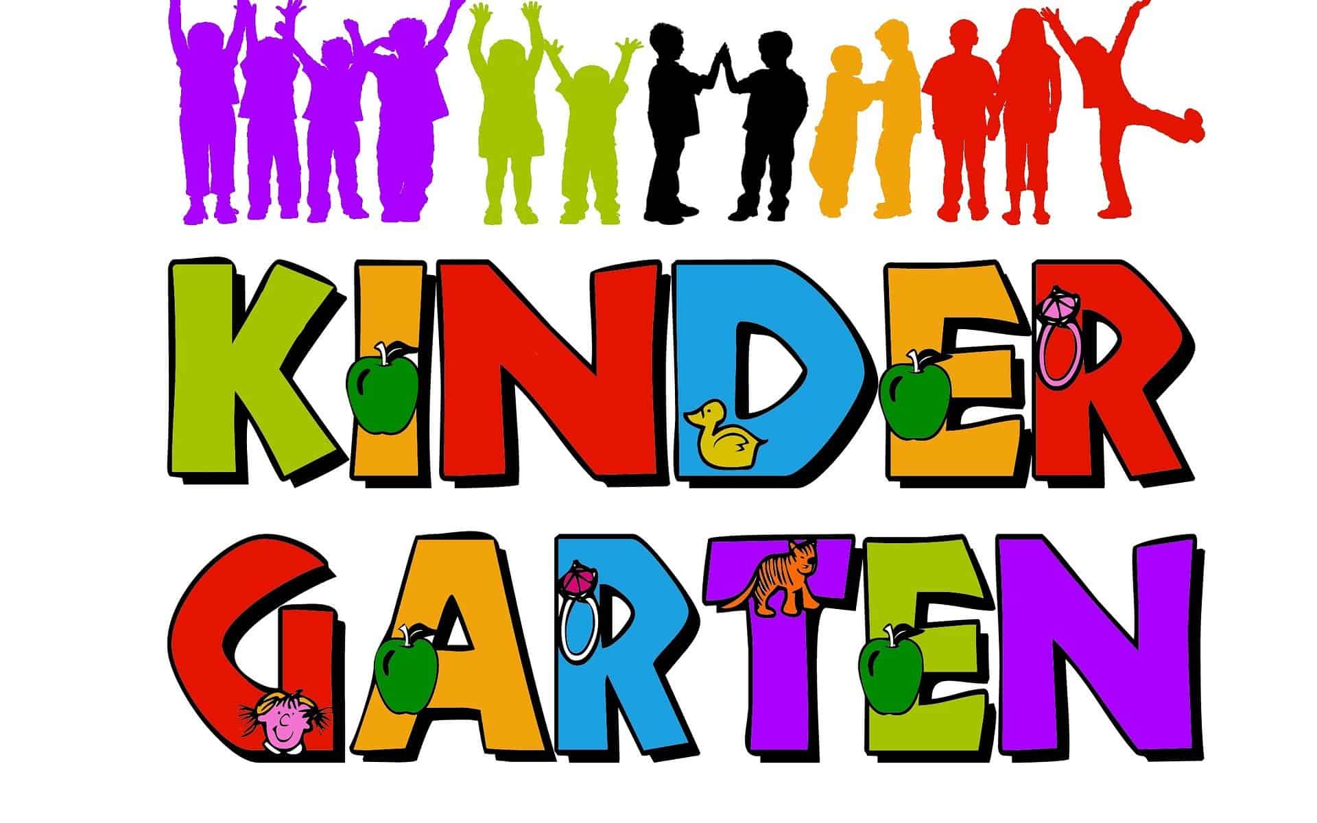 colorful kids silhouettes and the word "Kindergarten" in colorful capital letters