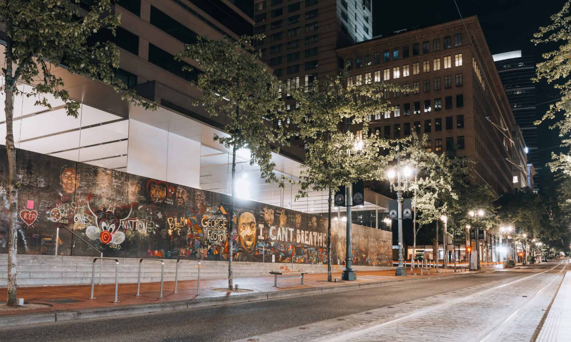 Side view of the Apple Store decorated by various BLM Activists to honor George Floyd, who was murdered by the police in late May of 2020